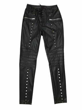 Black Faux Leather Lace-Up Moto Pants with Stud Detail